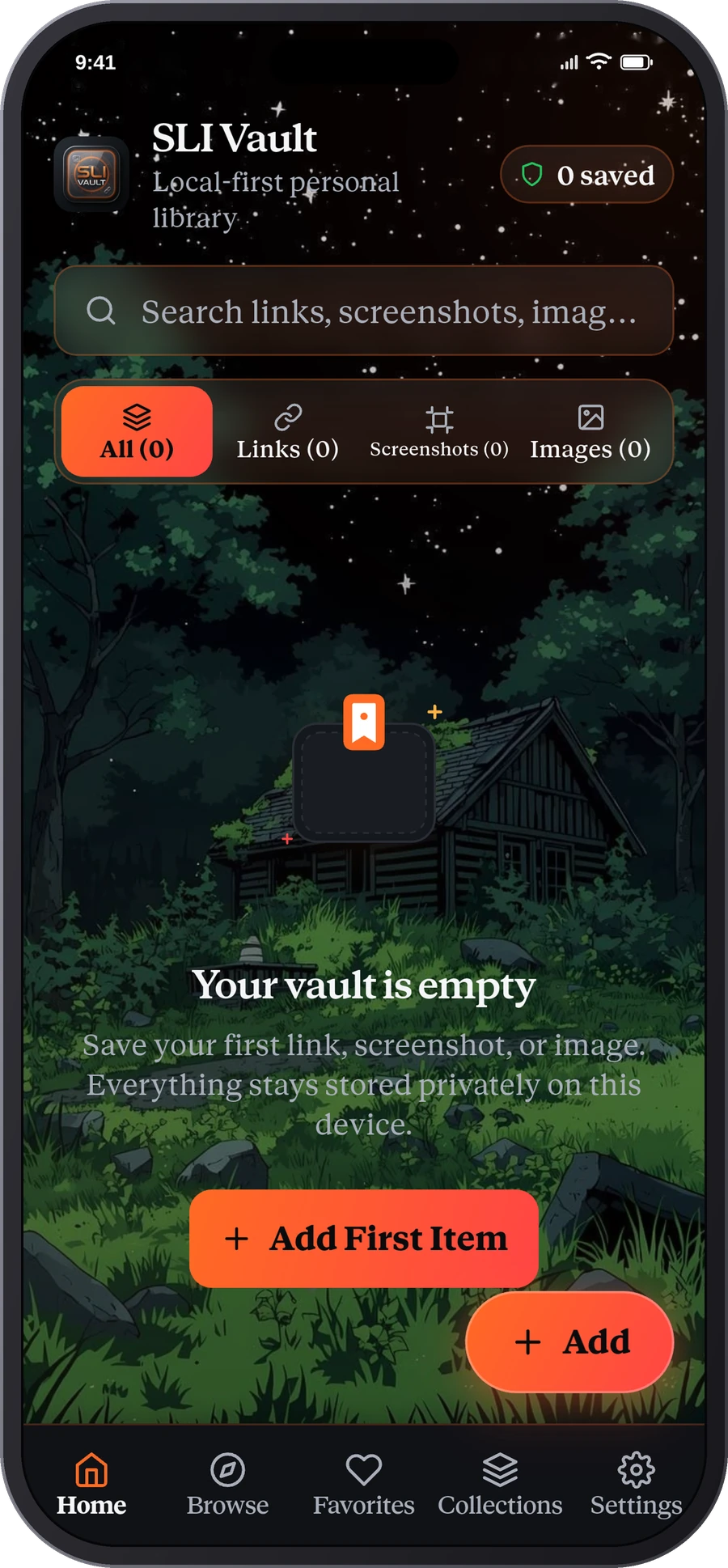 SLI Vault Home screen showing genuine local personal library